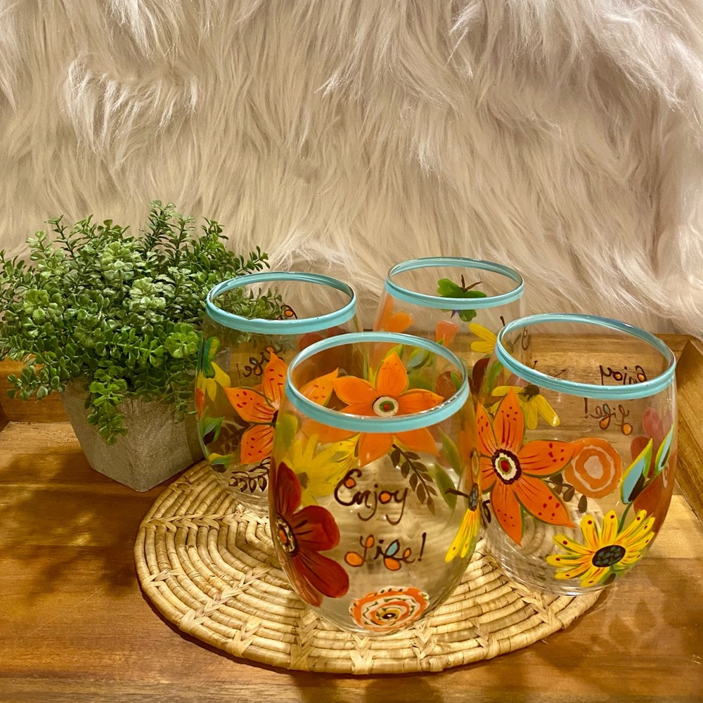 Set of 4 Field of Flowers Stemless Glass by Cypress Hand Painted
